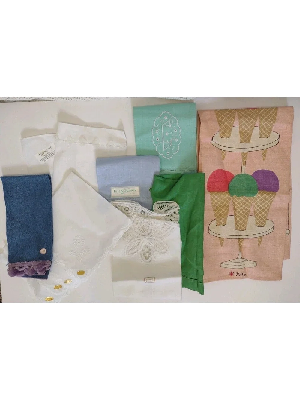 Vintage Linen Tea Towel Lot Vera Irish Belgium Swiss Cutwork Embroidered Kitchen